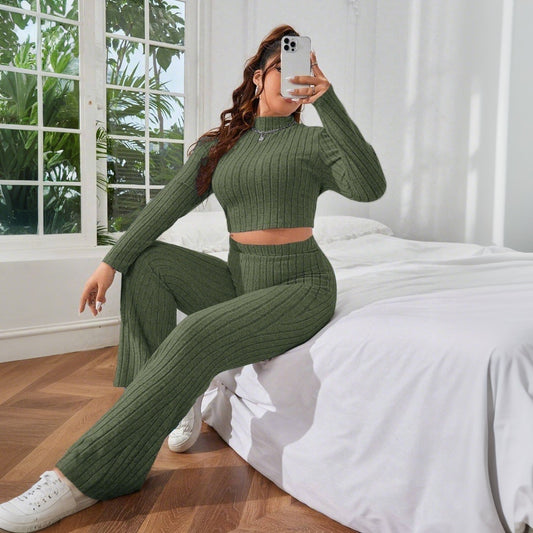 Plus Size Women Clothing Simple Office Home Autumn Winter Solid Color Comfortable Slim Fit Two Piece Sets