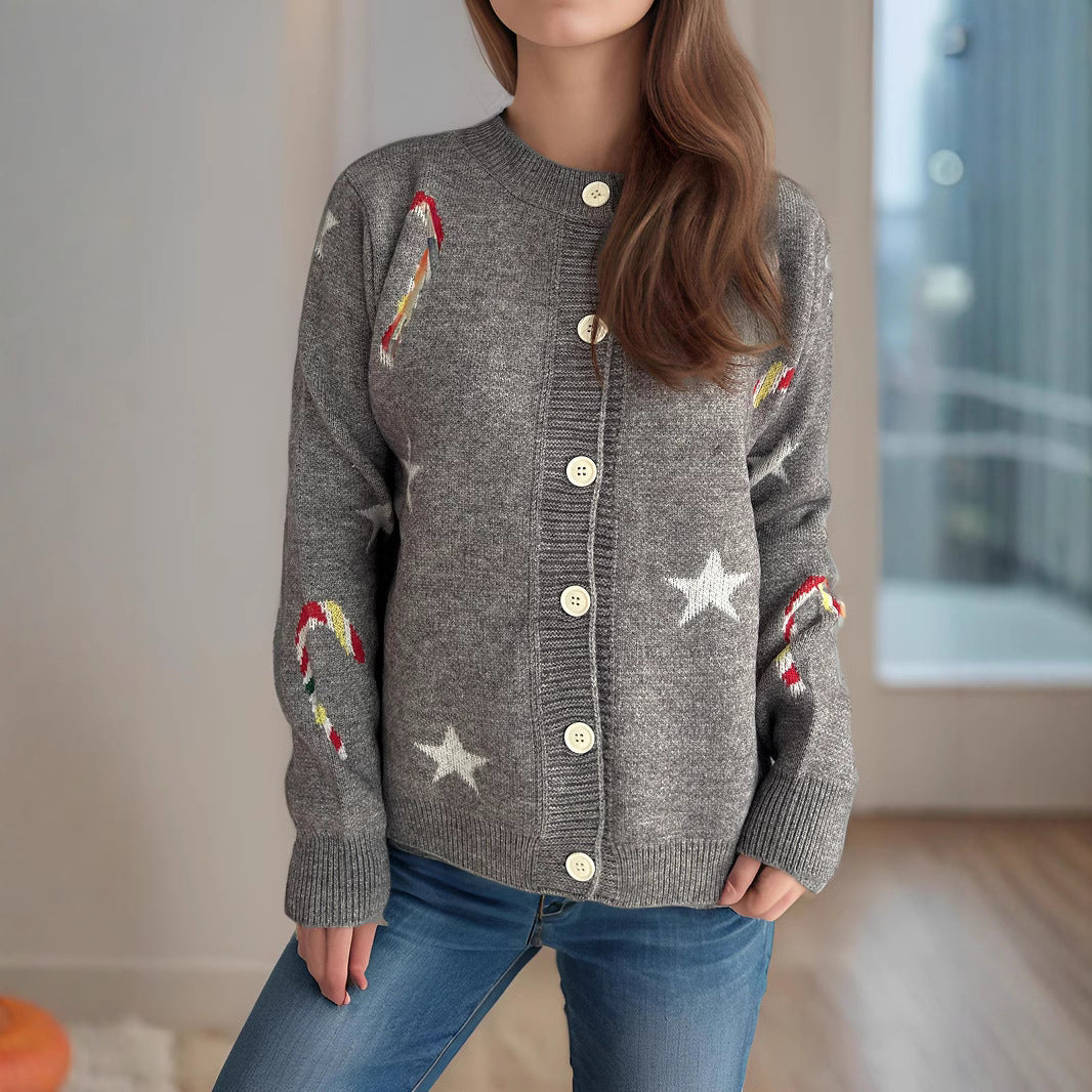 Autumn Winter Sweaters Women Knitted Cardigan Five Pointed Star Single Breasted Jacket