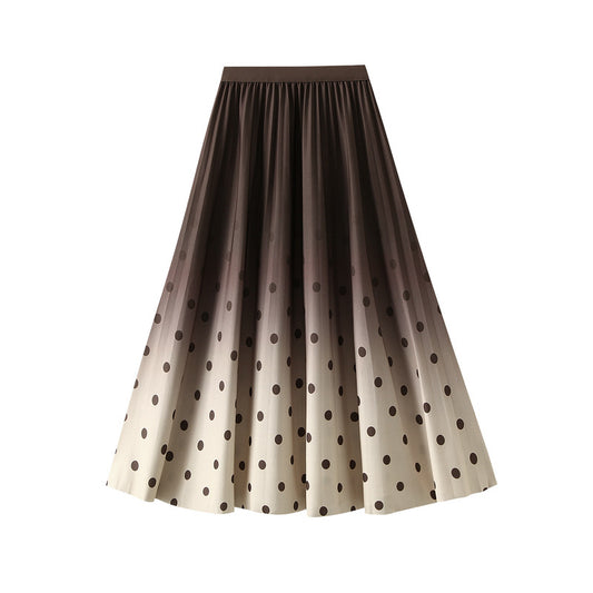 High Waist Slimming Gradient Coloring Pleated A line Skirt Polka Dot Printed Midi Skirt