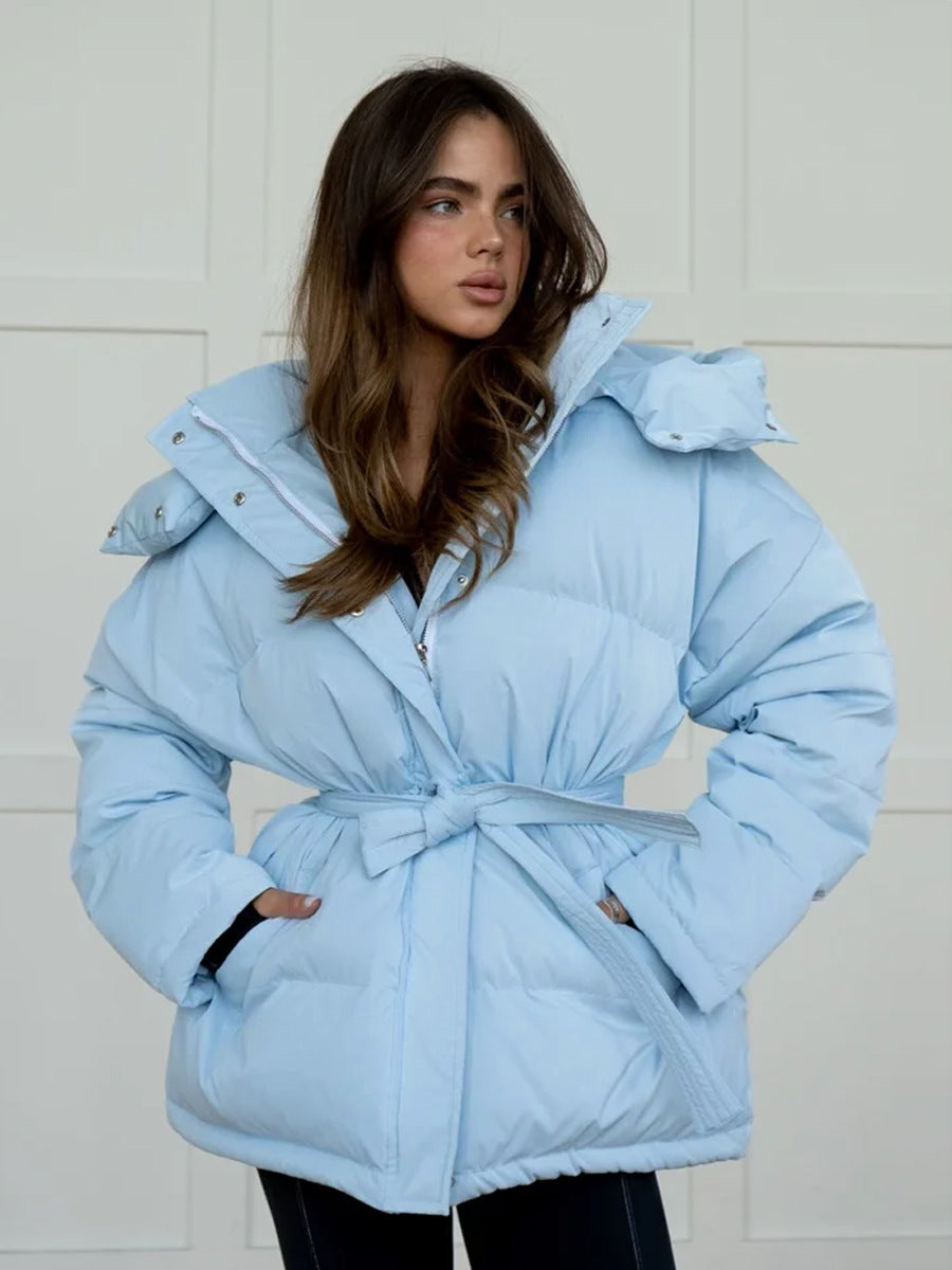 Hooded Cotton Jacket Jacket Women Hooded Thickened Thermal Zipper Bread Coat skyblue