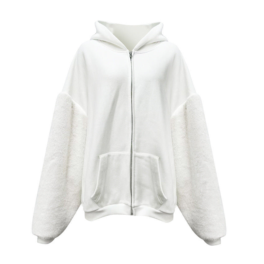 Winter Hooded Fleece lined Furry Sleeves Sweater Women Idle Casual Loose Sleeve Length Cardigan Outerwear Top White