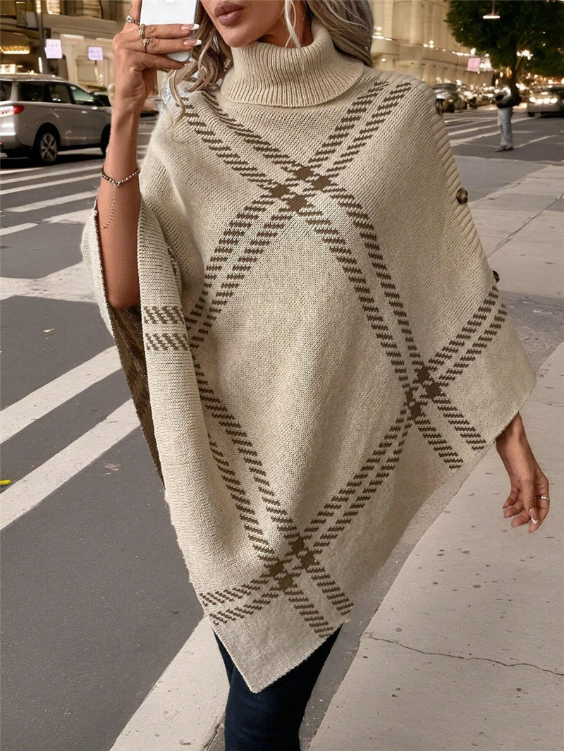 Autumn Winter Cloak Outer Wear Loose Knitted Sweater Irregular Asymmetric Turtleneck Batwing Shirt Women Plaid Coat Khaki