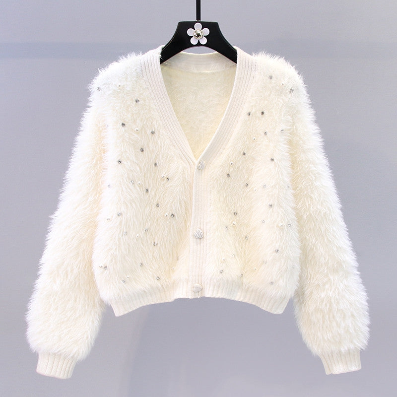 Chic Chanel Beaded Artificial Mink Fur Sweater Coat Women Loose Short V neck Knitted Cardigan One Size White