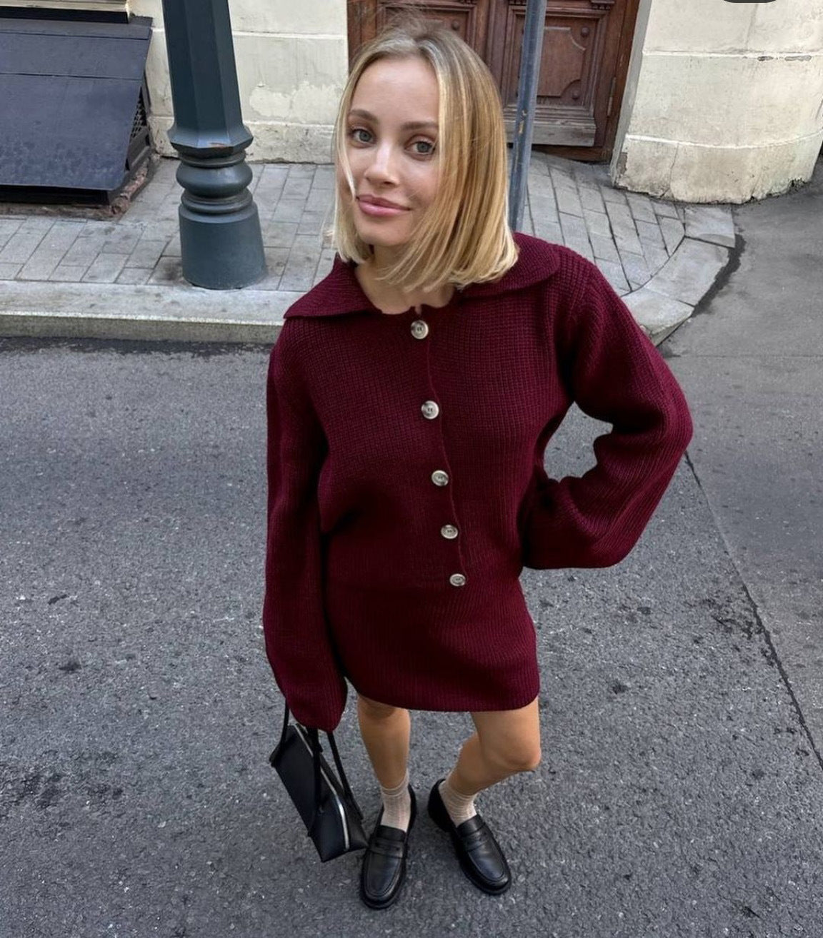 Autumn Winter All Match Collared Flared Sleeve Cardigan Short Skirt Woolen Sets Angora Red