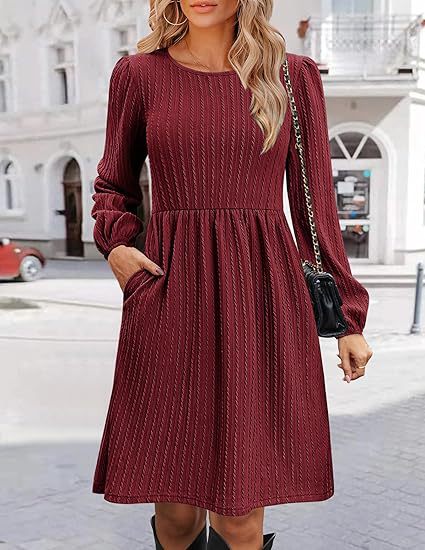 Women Clothing Round Neck Pocket Knitted Sweater Long Sleeve A Line Dress Burgundy