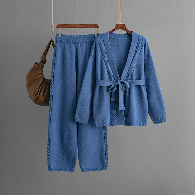 Loose Casual Sweater Women Knitted Cardigan Coat Wide Leg Pants Two Piece Set One Size Blue