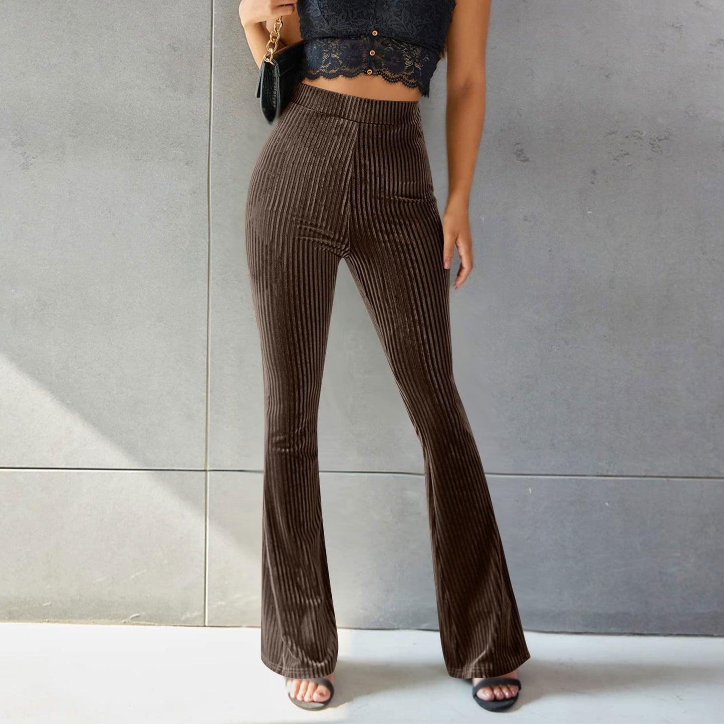 Women Clothing Sexy Solid Color High Waist Pleuche Sunken Stripe Bell Bottom Pants Dark Brown