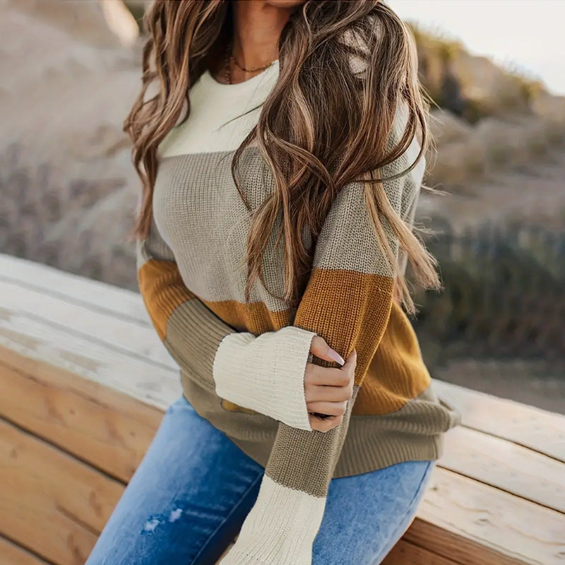 Autumn Winter Women Clothing Sweater round Neck Multicolor Top Casual Loose Sweater