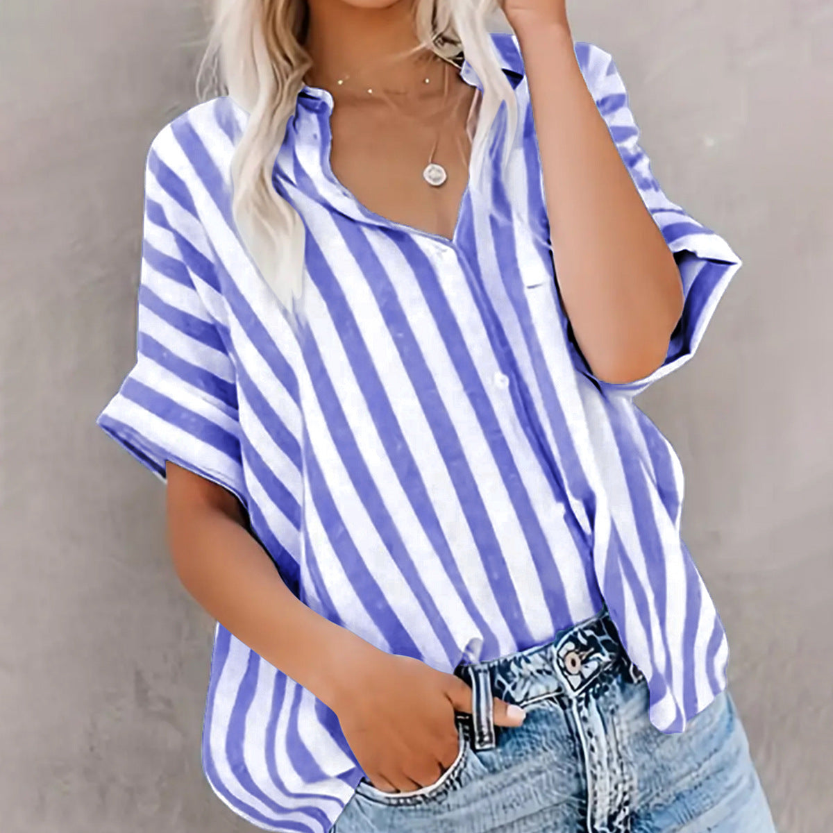 Spring Summer Top Casual Two Tone Striped Cardigan Short Sleeve Shirt Women Clothing Blue