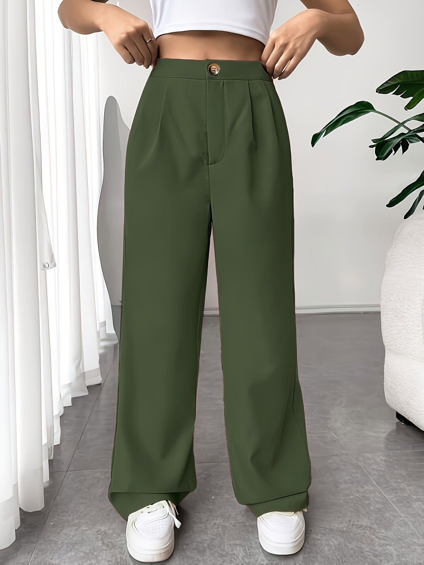 Autumn Winter tailored trousers Women High Waist Drooping Loose Straight Slimming Casual Mop Pants Olive Green