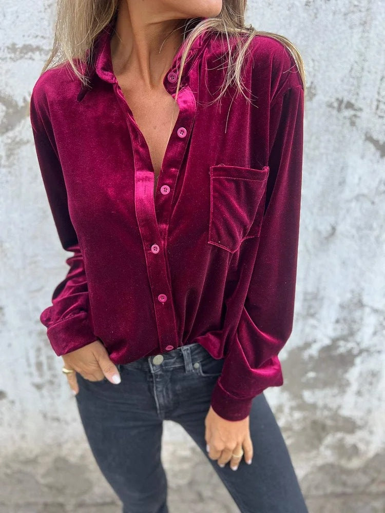 Women Fall Winter Gold Velvet Collared Shirt Coral Red