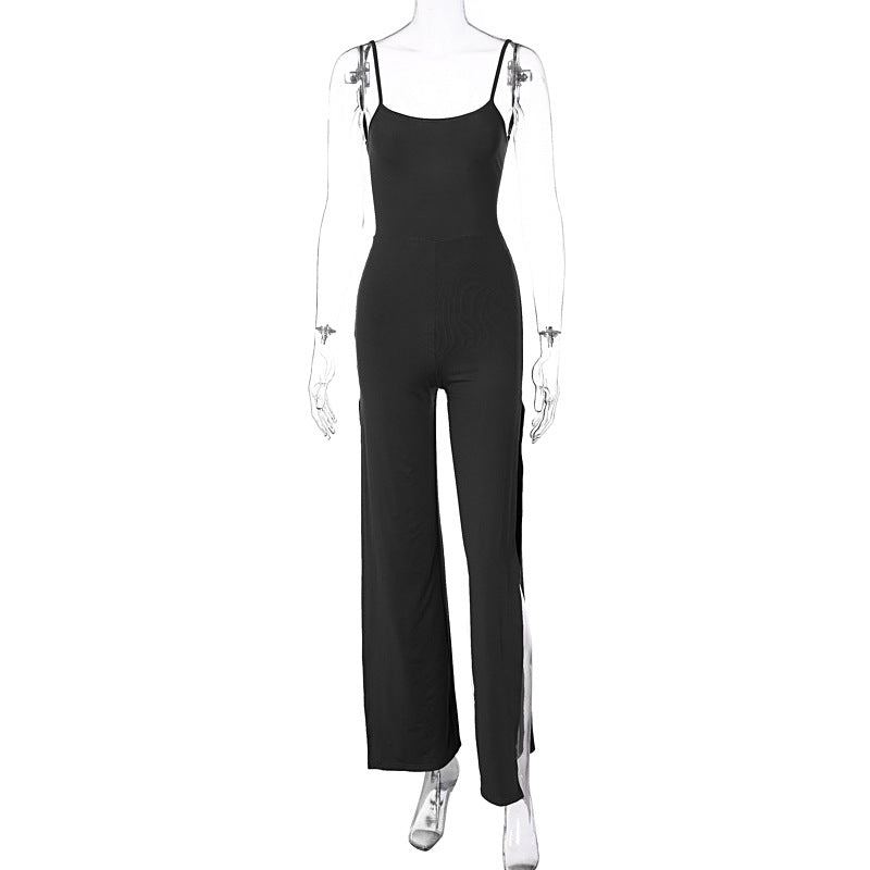 Women Clothing Summer Solid Color Split Trousers Backless Suspender Jumpsuit Black