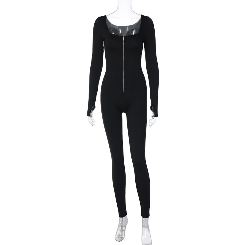 Women Clothing Winter Street Shooting Slim Fit Zipper Long Sleeve Jumpsuit S Black