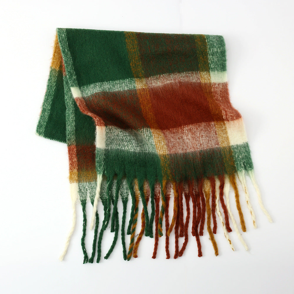 Autumn Winter Rainbow Plaid Cashmere like Tassel Scarf Women Mohair Thickening Shawl Warm Scarf One Size No. 11 Color