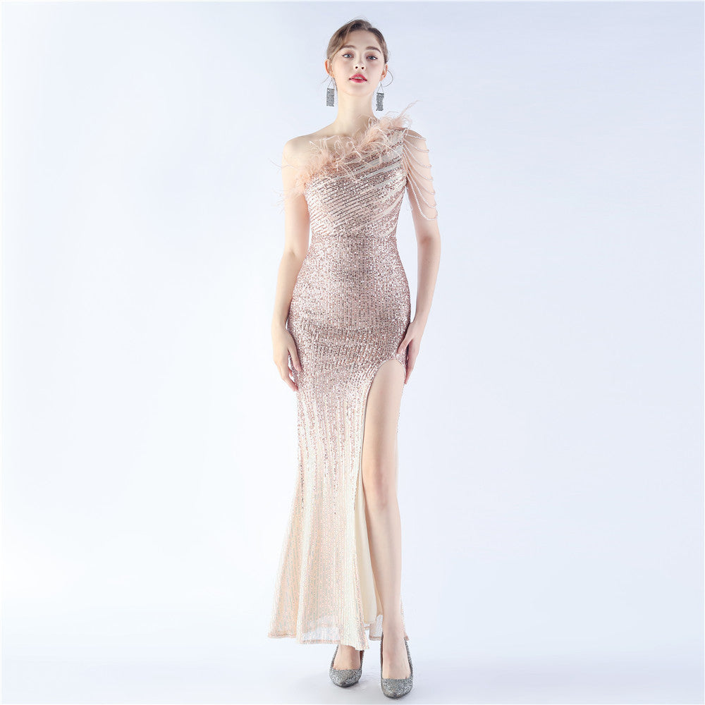 Gradient Sequin Craft Beaded Ostrich Feather Diagonal Collar One Shoulder Long Evening Dress Gold