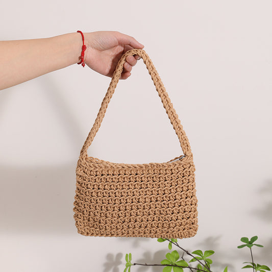 All Match Shoulder Cotton Thread Woven Bag Fresh Square Underarm Bag Straw Bag Solid Color Office Handbag Women