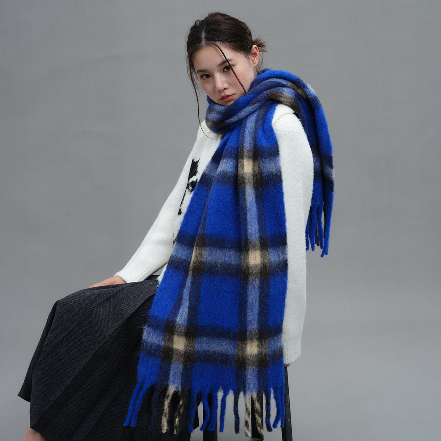 Autumn Winter Cashmere Scarf Women Bib Shawl Soft plus Thick Warm One Size Sailor Blue