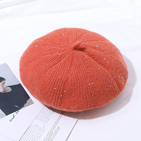 Beret Women Autumn Winter Woolen Hat Fleece lined Winter Knitting Hat Solid Color Women One Size Orange