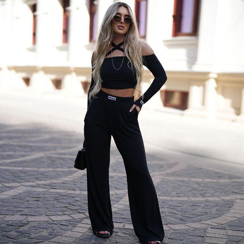 Women Clothing Autumn Halter Off the Shoulder Long Sleeve Flared Pants Two Piece Set