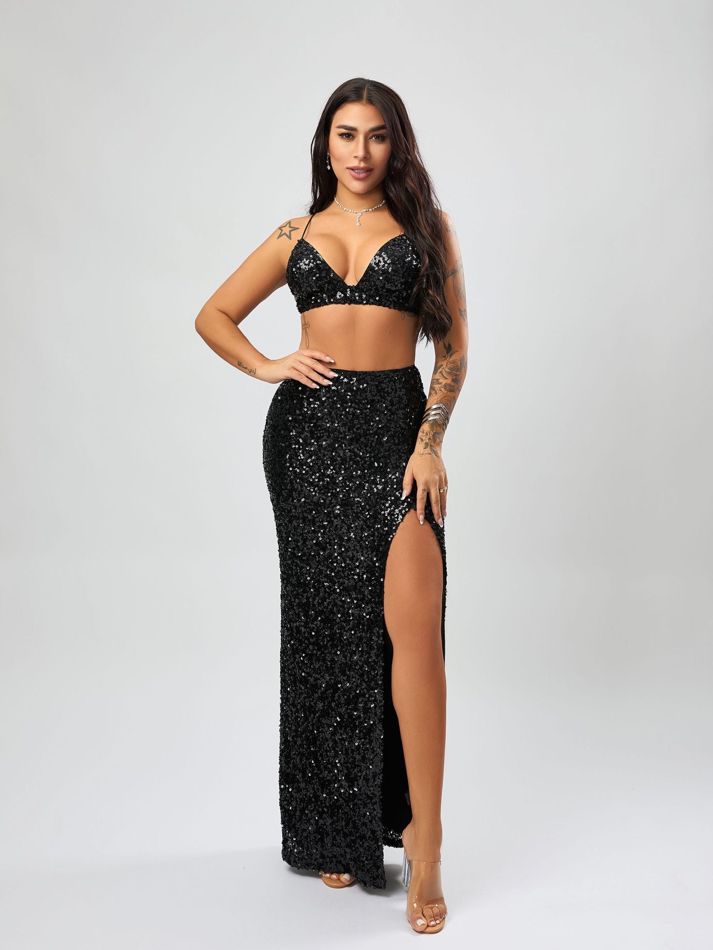 Sexy Sequined Maxi Dress High Grade Women Dress With Chest Pad High Slit Dress Black