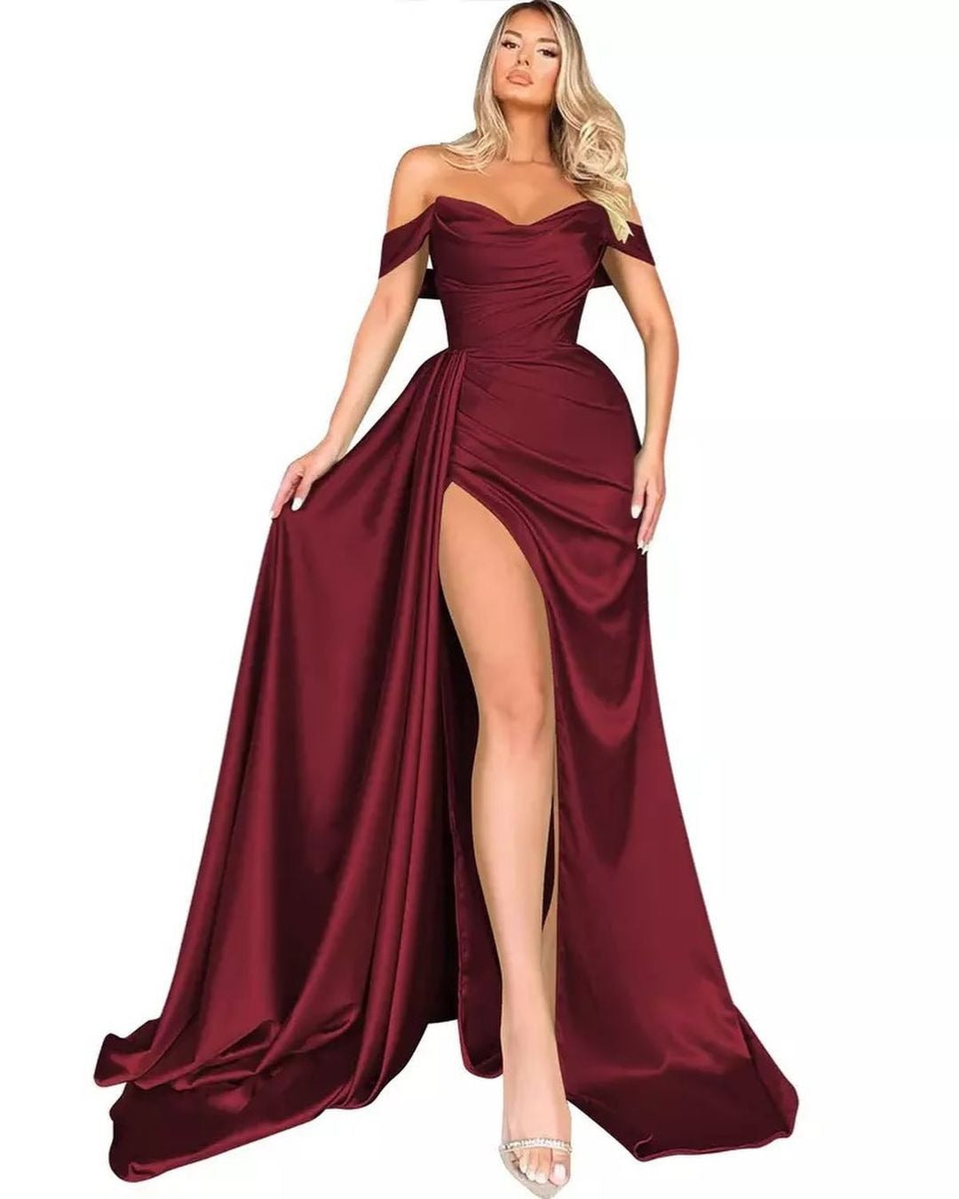 Cocktail High Slit Sexy Host Off Shoulder Slimming Party Evening Dress Burgundy