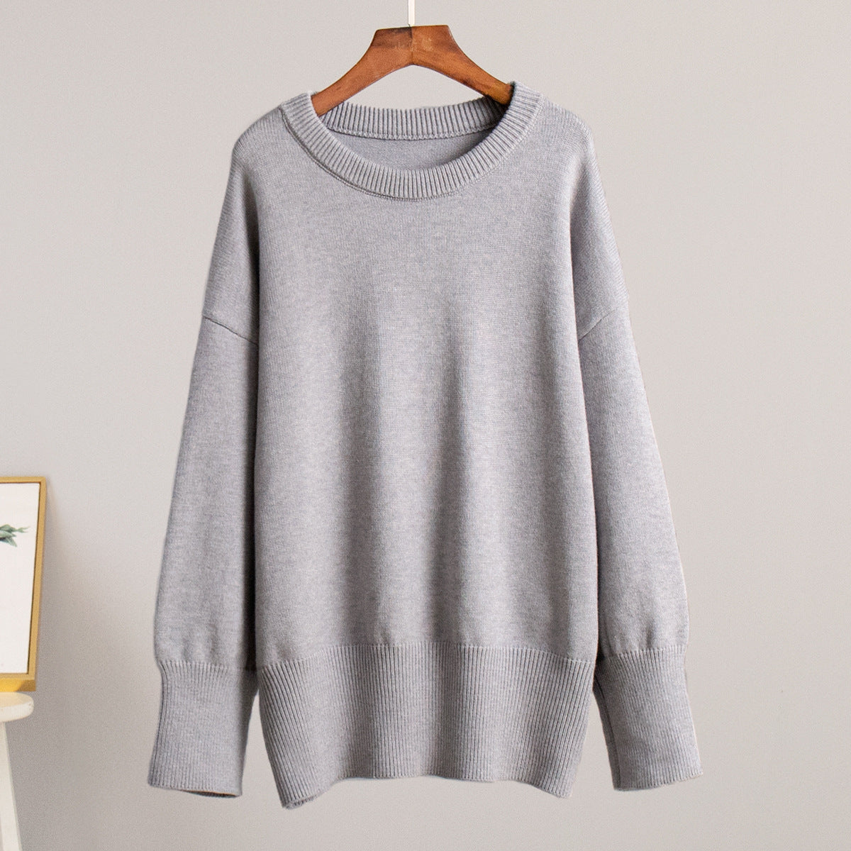 Round Neck Sweater Autumn Winter Solid Color All Matching Casual Lazy Pullover Knitting round Neck Sweater Gray