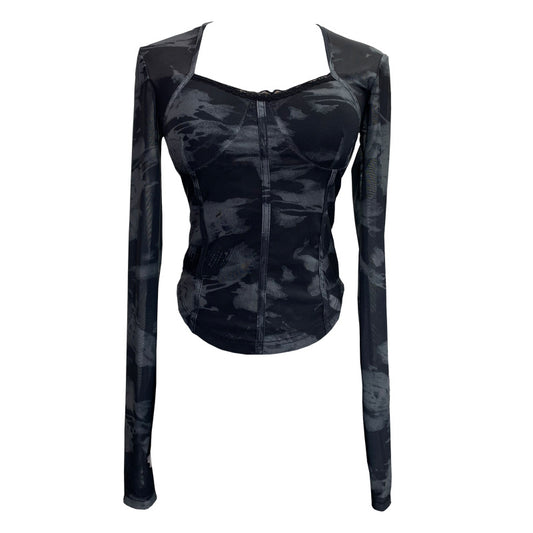 Popular Square Collar Lace Stitching Tie Dyed Mesh Long Sleeve Tight Sexy Short Top with Chest Pad