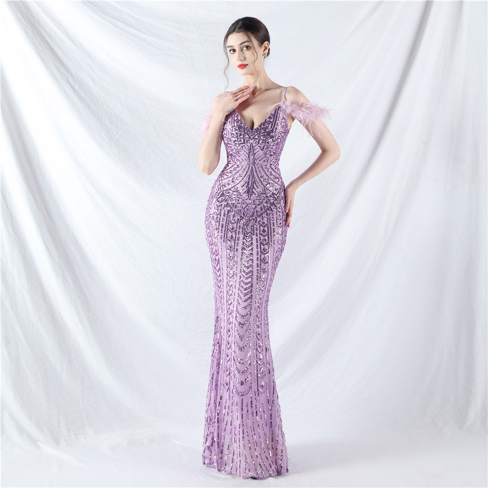 Positioning Floral Sequin Craft Order Ostrich Hair High End Evening Dress Purple