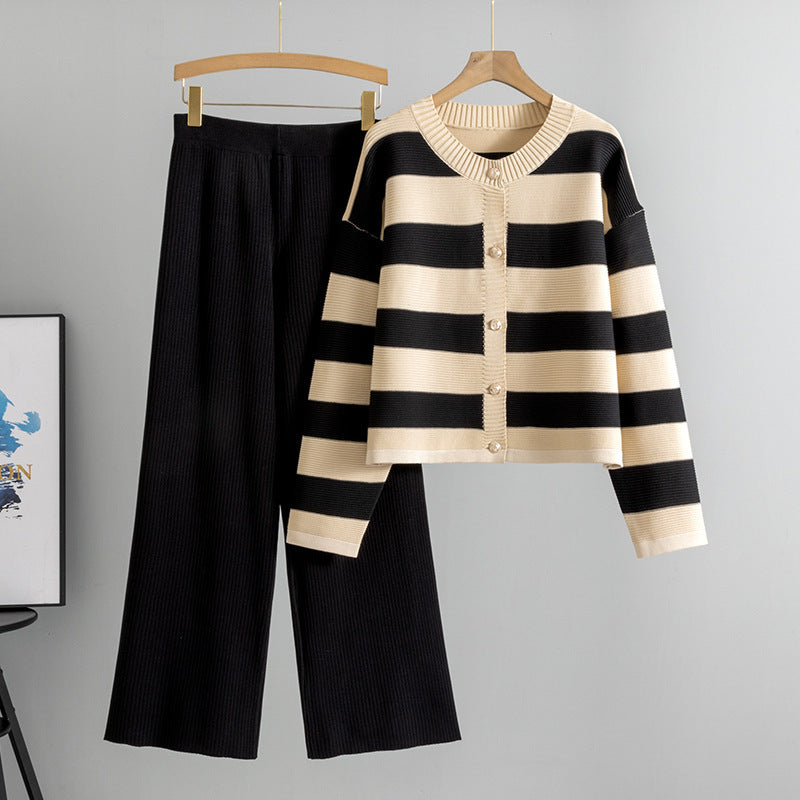 Spring Autumn Women Loose Classic Short Contrast Color Striped Knitted Cardigan Two Piece Sweater Women One Size Black