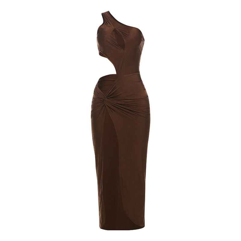 Women Clothing Summer Personalized Shoulder Hollow Out Cutout Sexy High Slit Elegant Slim Fit Dress Women Brown