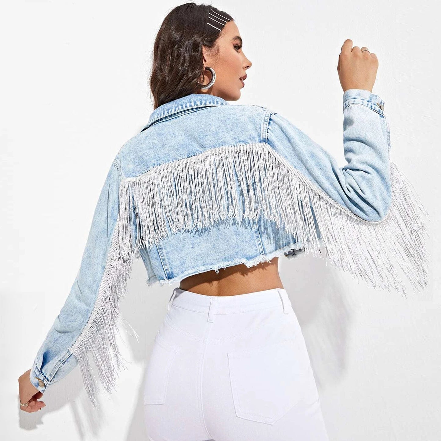 Women Clothing Tassel Denim Jacket Women Same Denim Short Jacket