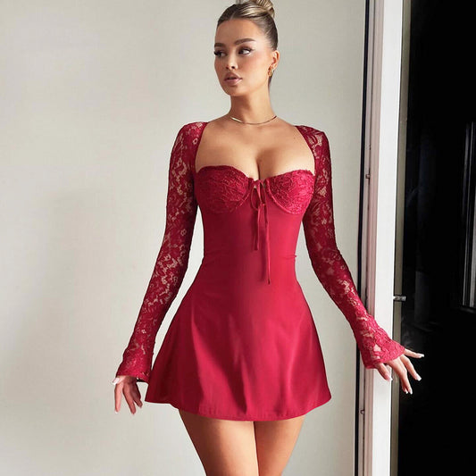 Summer Women Collection Lace Long Sleeve Sexy Backless Slim Fit Show Chest Sheath Dress