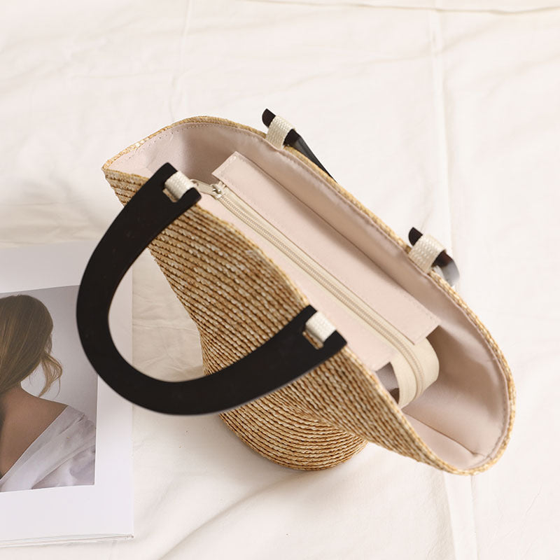 Wooden Portable Hat Straw Bag Fresh Straw Woven Bag Vacation Beach Bag Women Bag