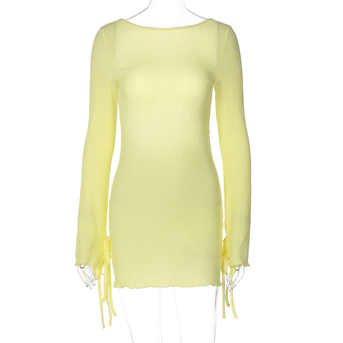 Summer Simple round Neck Long Sleeve Sexy Big Backless Skinny Hip Dress Yellow