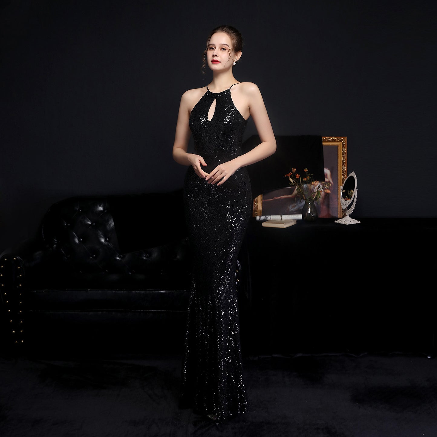 Cocktail Elegant Long Halter Set Diamond Sequined Aura Queen Fishtail Evening Dress Black