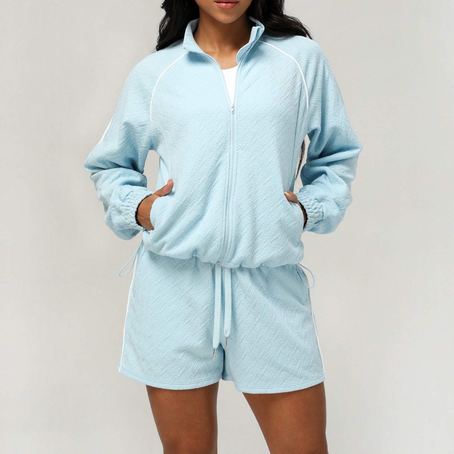 Texture Sports Long Sleeve Coat Shorts Casual Women Yoga Wear Two Piece Sets skyblue