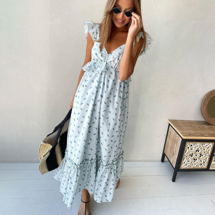 Women Clothing Summer Ruffled Printed Dress Casual V neck Backless Dress