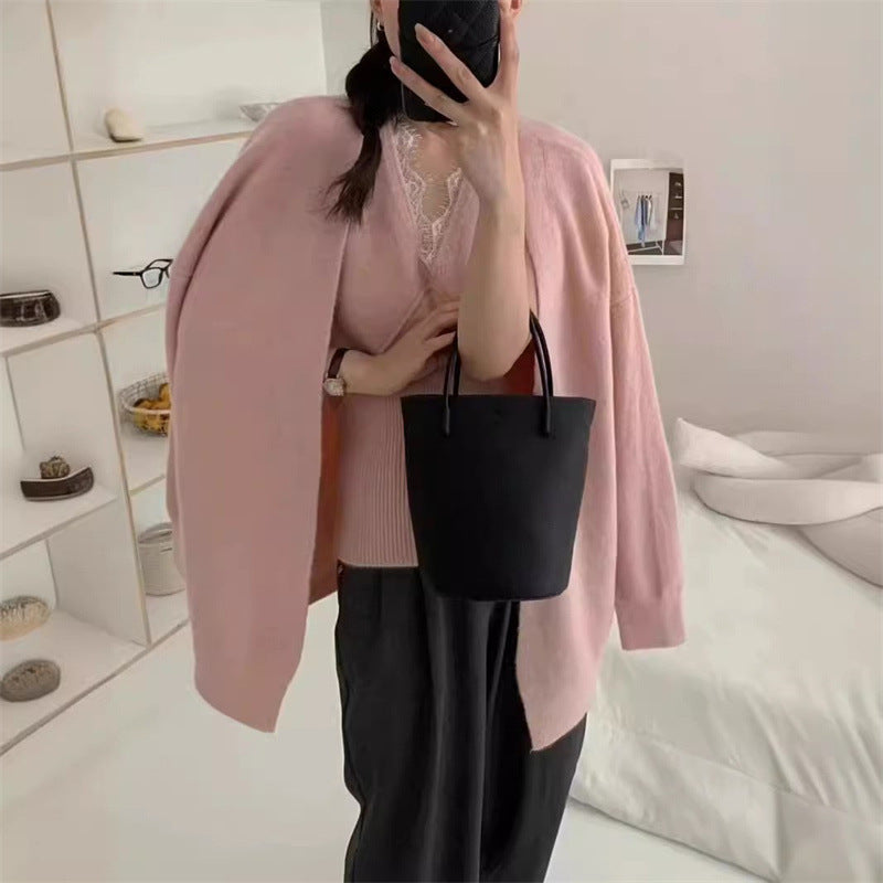 Autumn Lazy Wind Korean Knitted Cardigan Women Lace Vest Soft Glutinous Loose Sweater Two Piece Sets Women One Size Pink