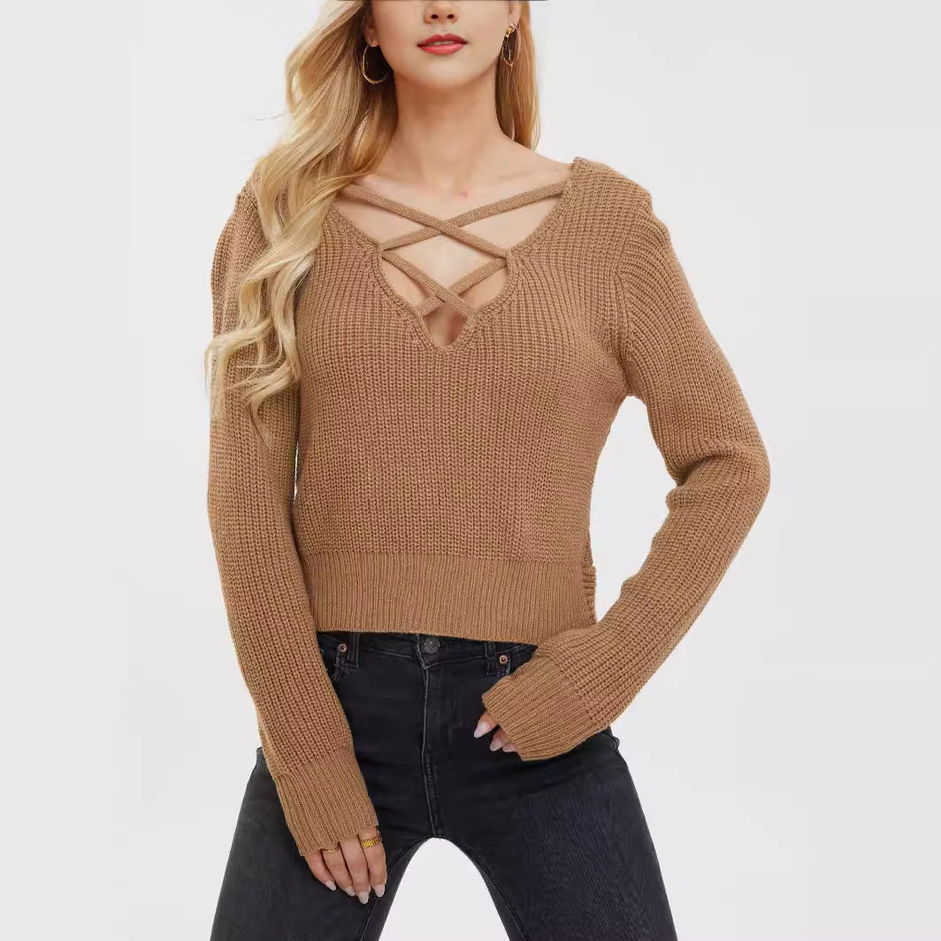 Retro Elegant Niche Design V neck Knot Pseudo Lace-up Long Sleeved Sweater Women Slim Fit Slimming