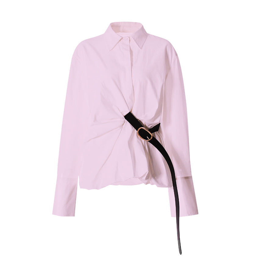 Spring Pleated Waist Tight Shirt White Casual Belt Fashionable Mid Length Top Pink