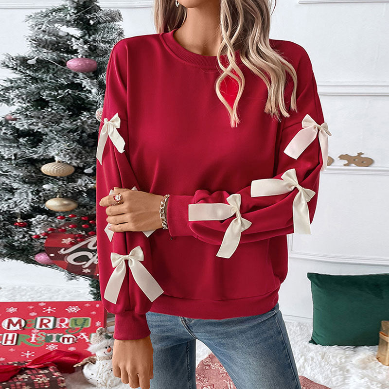 Autumn Winter Top Round Neck Bowknot Red Christmas Sweater for Women