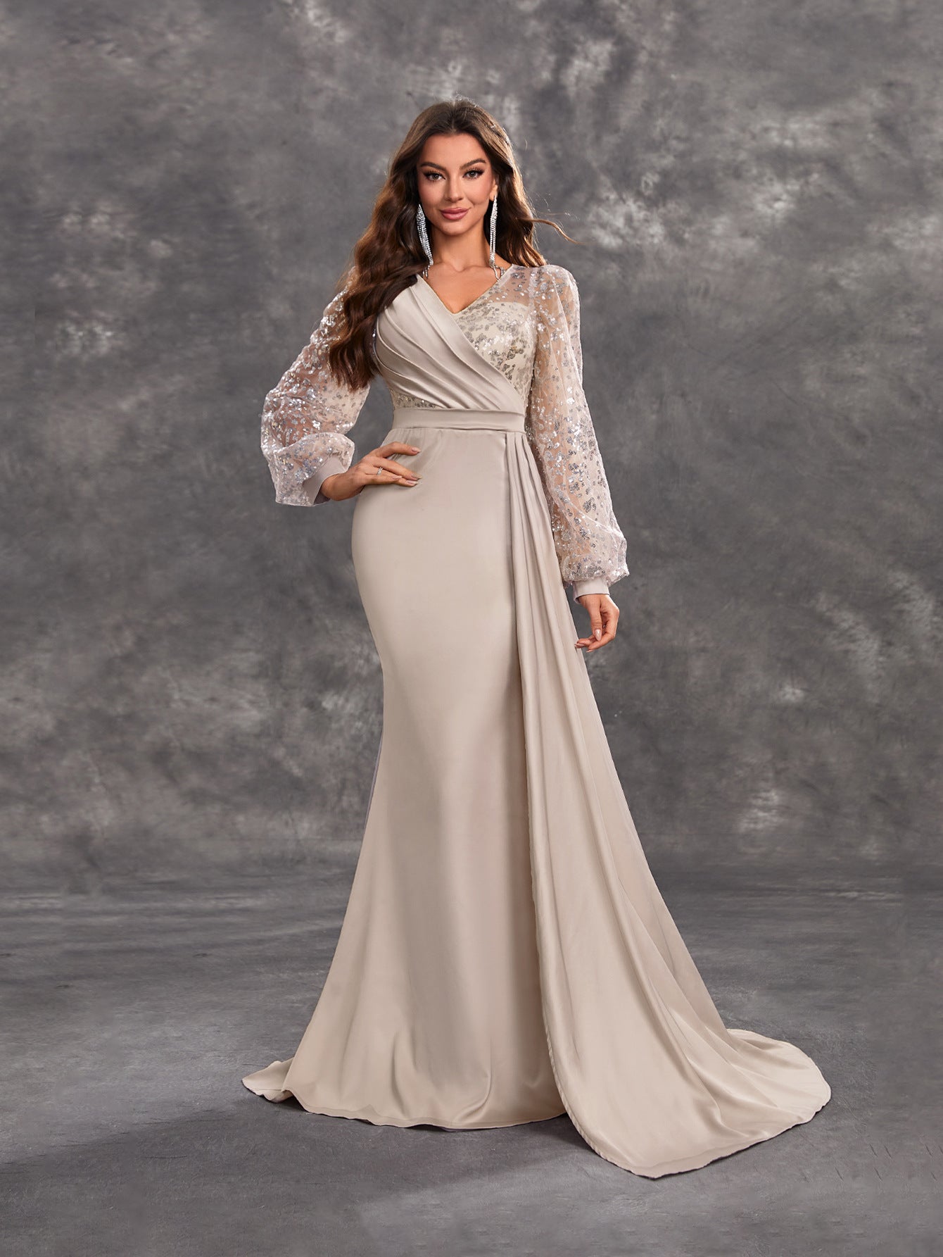 Women Cocktail Party Evening Dress Sequined Satin V neck Long Sleeve Elegant Evening Gown Khaki