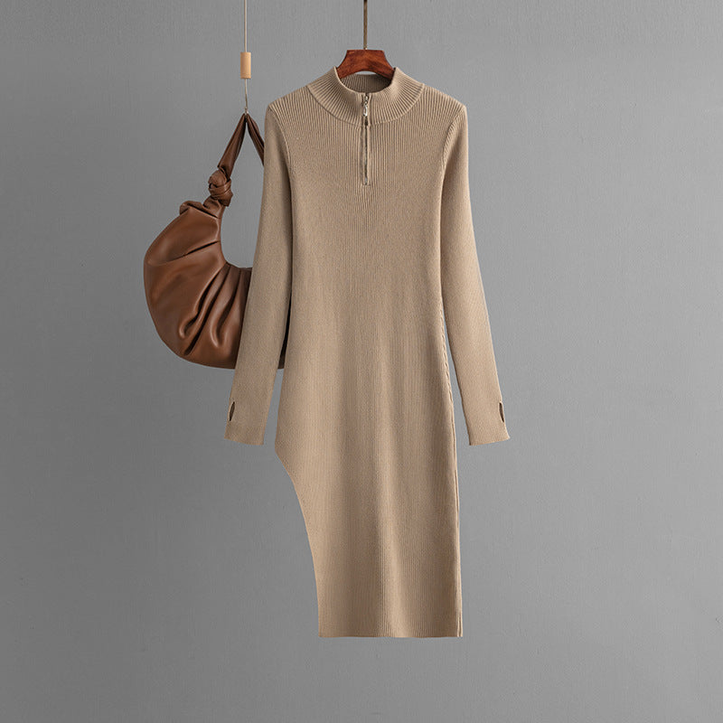 Zipper Knitted Dress Women Autumn Winter Half High Collar Long Sleeves Bottoming Hip Solid Color Dress One Size Khaki