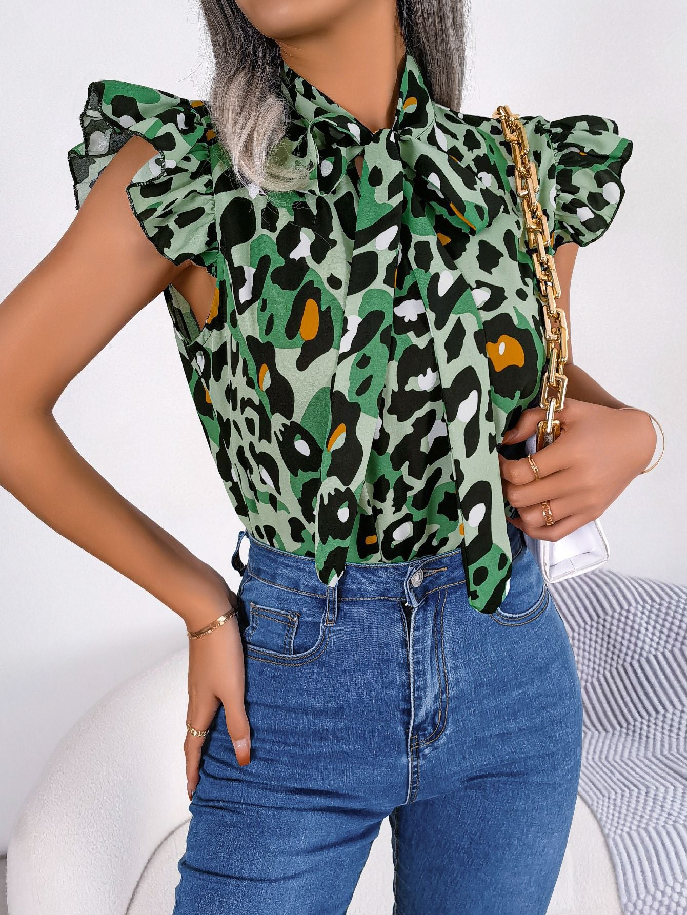 Spring Summer Casual Leopard Print Stringy Selvedge Lace Up Chiffon Blouse Top Women Clothing Green