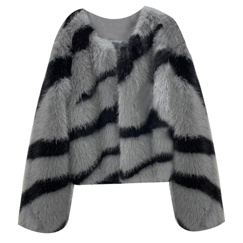 Women Zebra Pattern Fur Coat Faux Fur Short Classic Plush Cardigan Top Multi