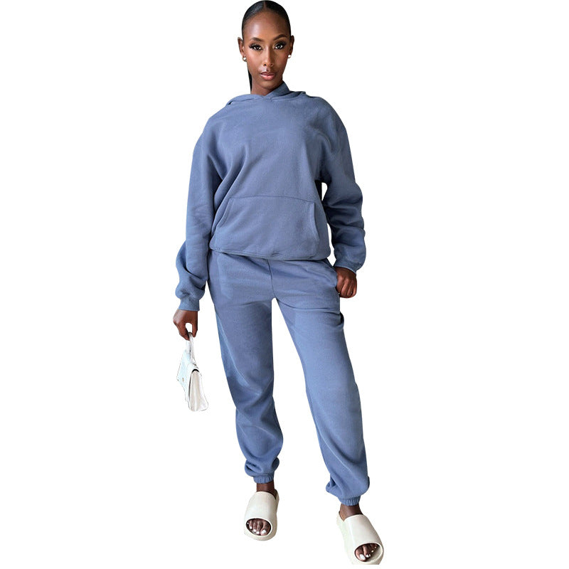 Autumn Winter Solid Color Long Sleeve Hooded Fleece Lined Sweater Women Casual Trousers sets Light Blue