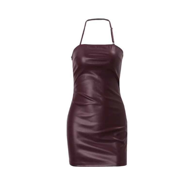 Women Clothing Spring Sexy Retro Solid Color Tube Top Halter Mini Leather Hip Wine Red