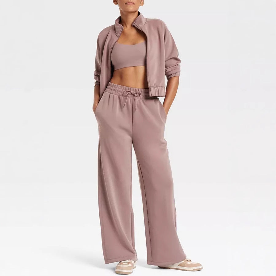 Casual Solid Color Coat Trousers Two Piece Sets