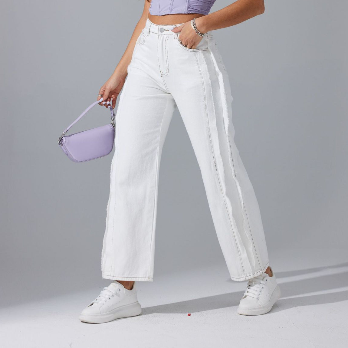 High Waist Raw Hem Straight White Jeans Spring Casual Office Loose Slimming Fashionable Design Pants