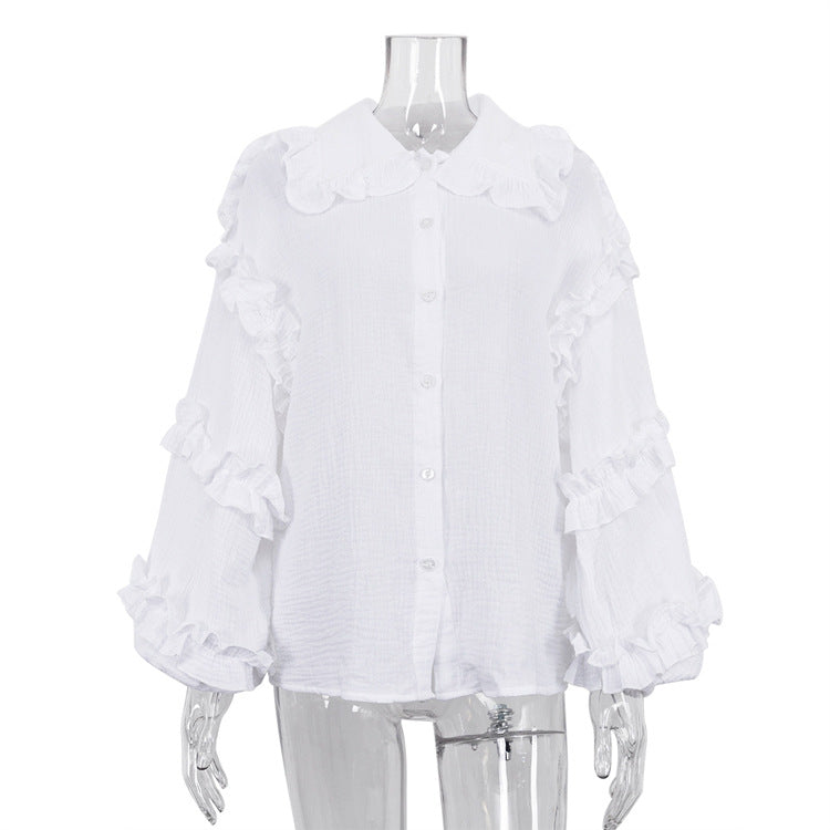 Women Clothing Early Spring Court Lantern Sleeve Women Shirt Casual Doll Collar Cotton White Shirt White